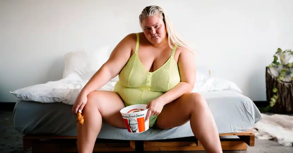 Chelcie Lynn sitting on a bed eating a bucket of chicken for her show Trailer Trash Tammy