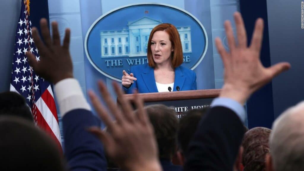 White House Press Secretary Jen Psaki takes questions during a White House daily press briefing at the James S. Brady Press Briefing Room of the White House on March 21, 2022 in Washington, DC.